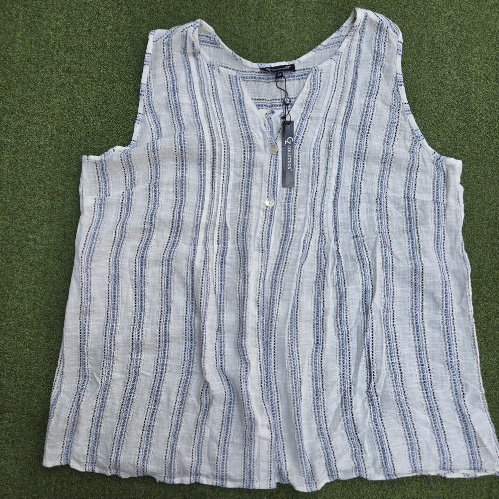 CZ Collection Top Women's White/Blue Metallic  Striped Button Up Size 2x